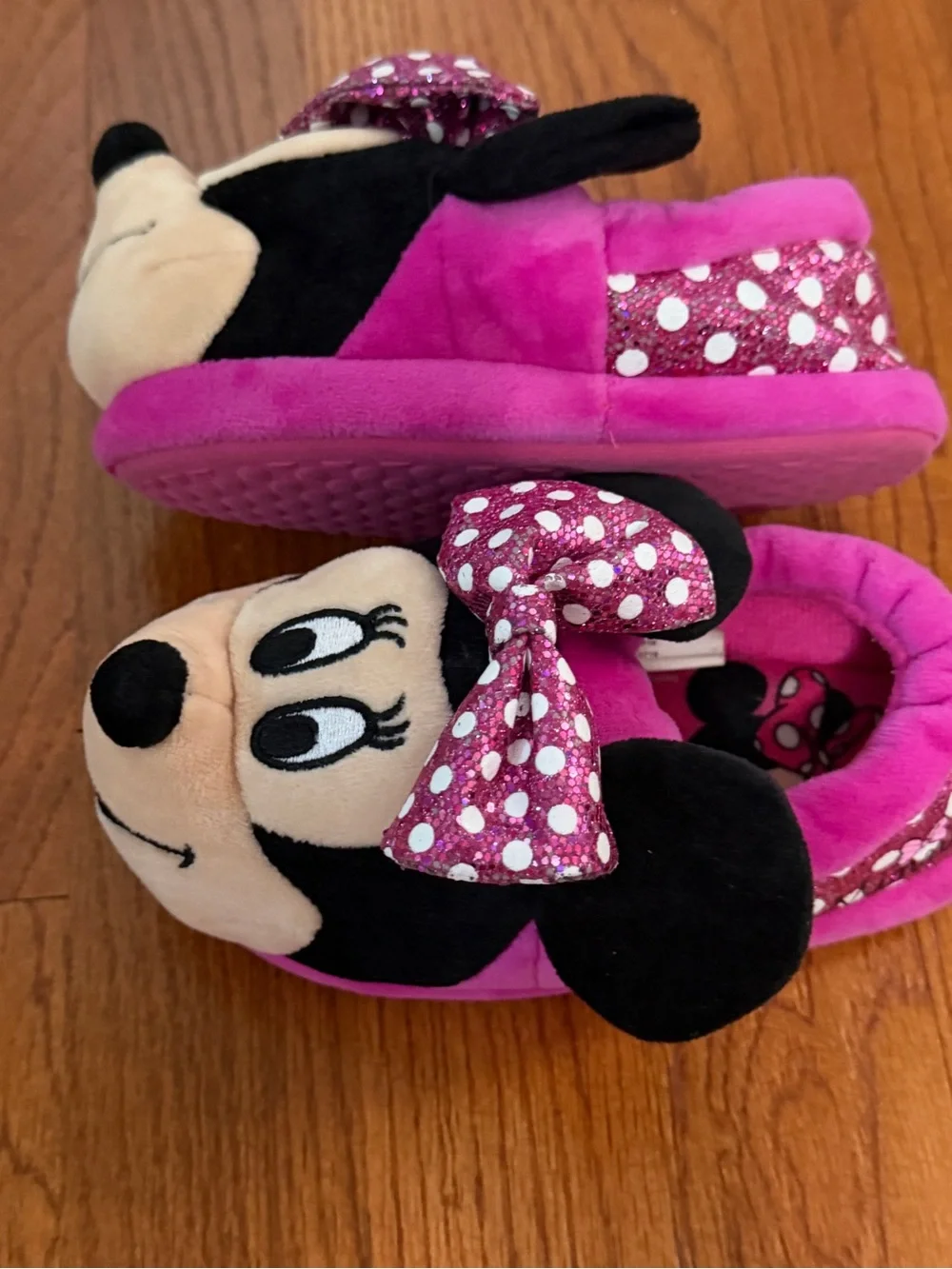 Disney Minnie Mouse Pink Black Plush Kids Slippers